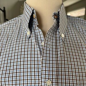 J.MCLAUGHLIN Collis Classic Fit Shirt in Blue Brown Check Button Down Size LARGE